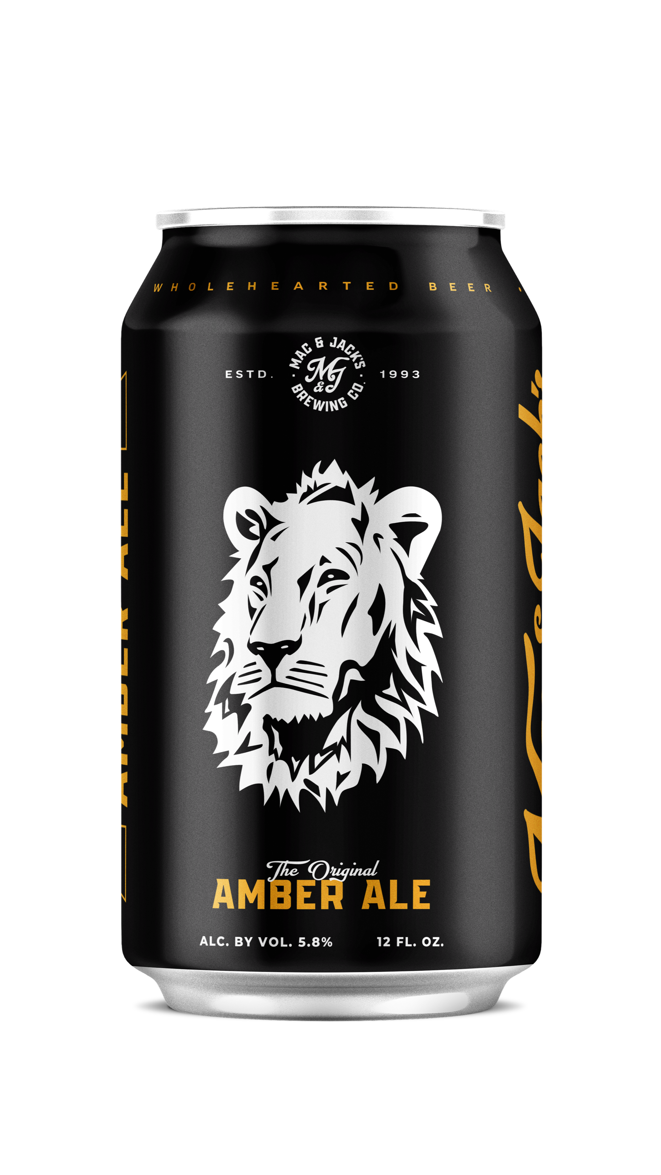 Black can of Amber Ale beer from Mac & Jack's Brewing Co., featuring a stylized white lion's head logo, with gold and white text.
