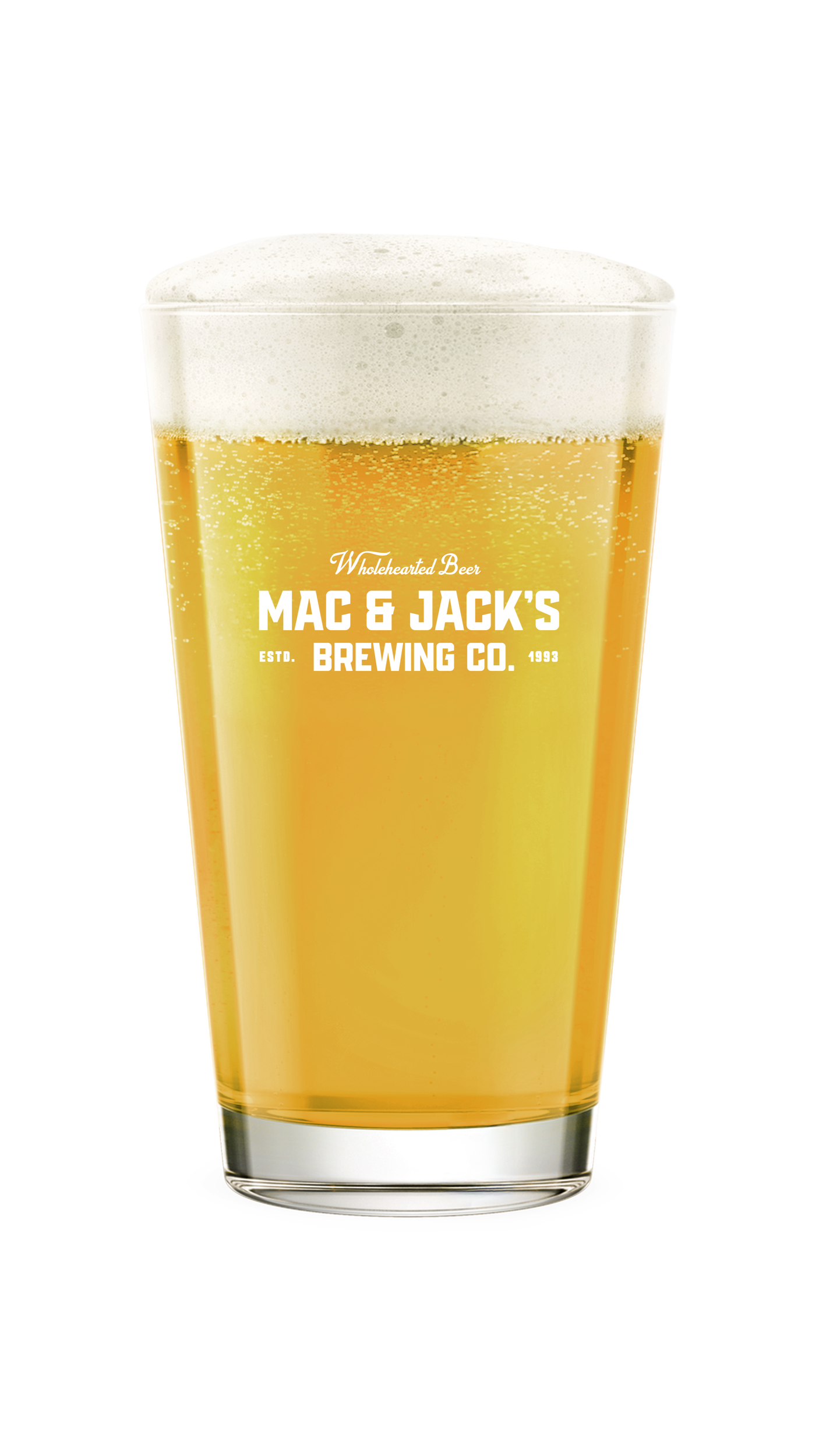 A glass of pale yellow beer with a foamy white head. The glass has the text 'Wholehearted Beer MAC & JACK'S BREWING CO. ESTD. 1993' printed on it.