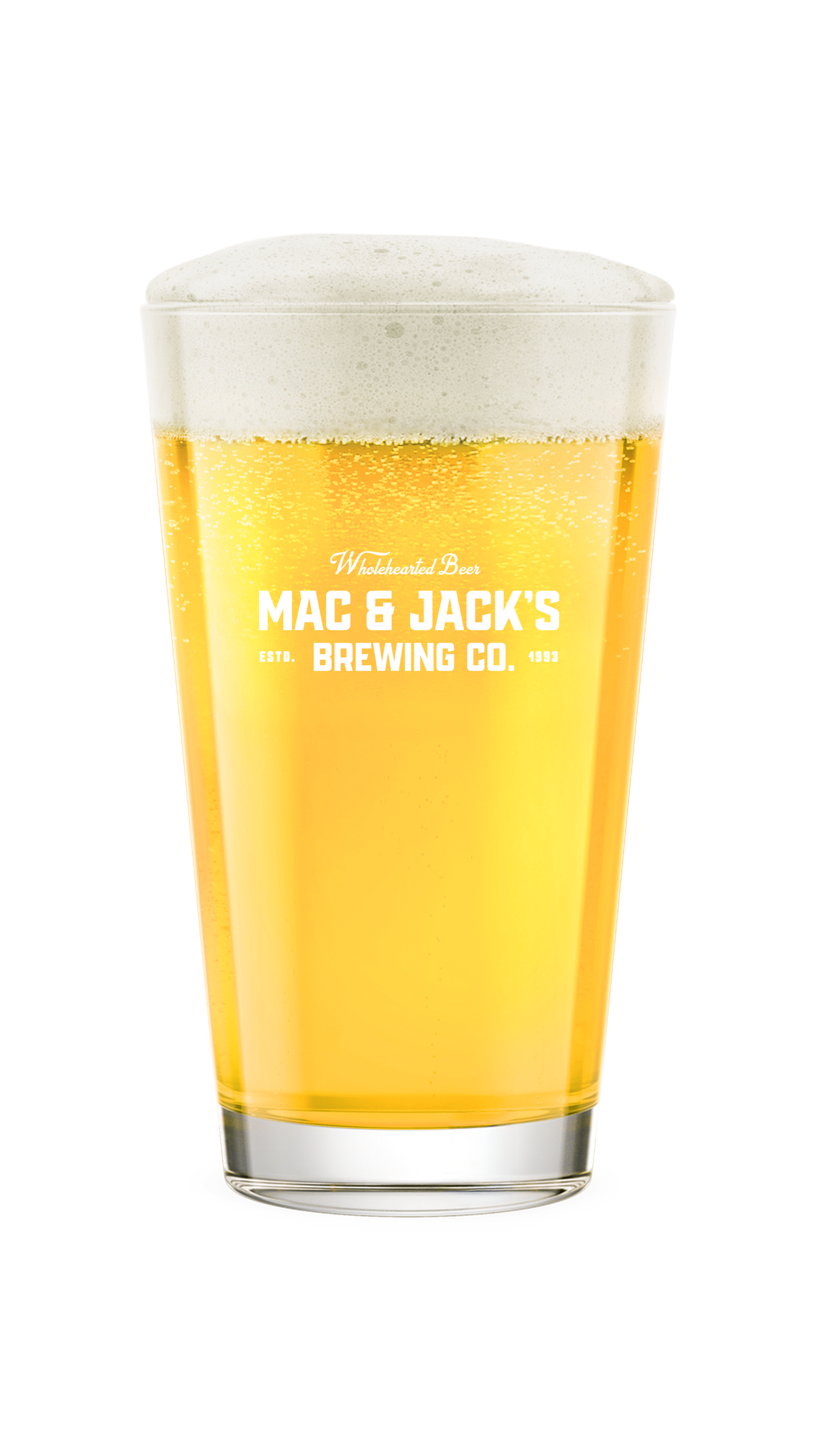 A glass of beer with a foam head, featuring the logo of Mac & Jack's Brewing Co.