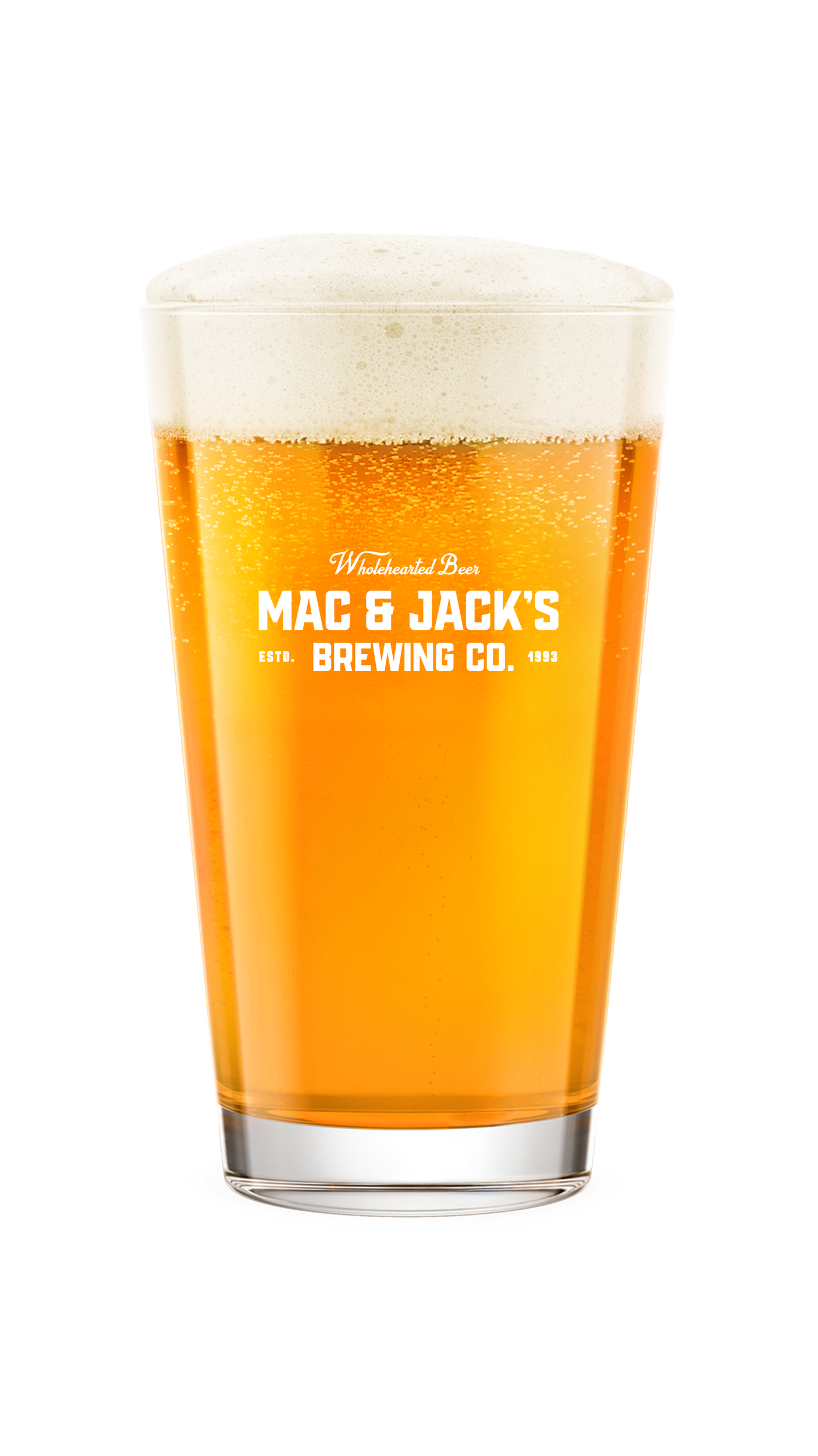 A pint glass filled with golden beer and a foamy head, branded with Mac & Jack's Brewing Co.