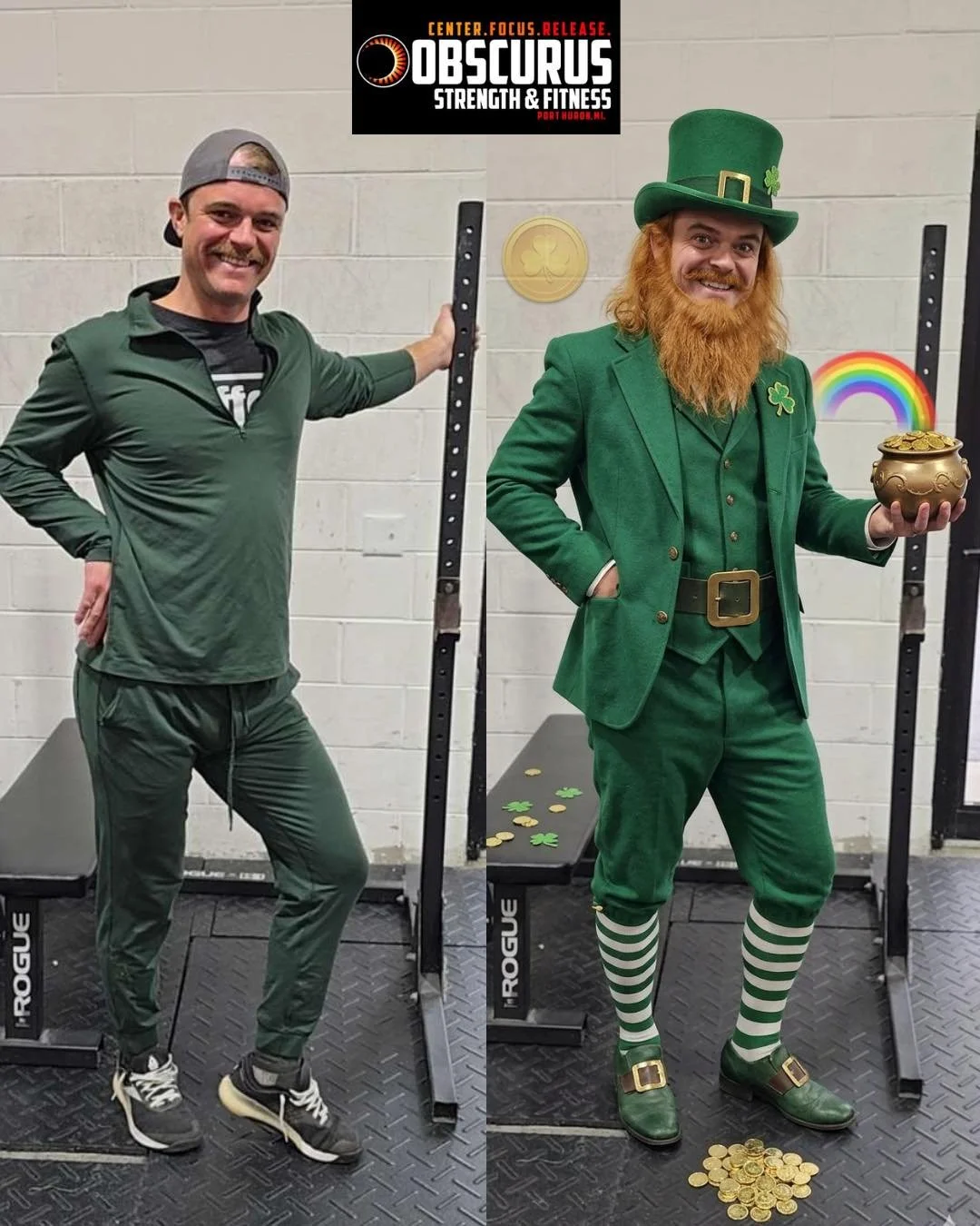 From Green Bean to Leprechaun. ☘️ The only day of the year where a full monochrome fit is mandatory. Safe to say, he&rsquo;s not getting pinched today..

Happy St. Patrick&rsquo;s Day !! 

📍 Obscurus Strength &amp; Fitness - 3777 Lapeer Road, Suite 