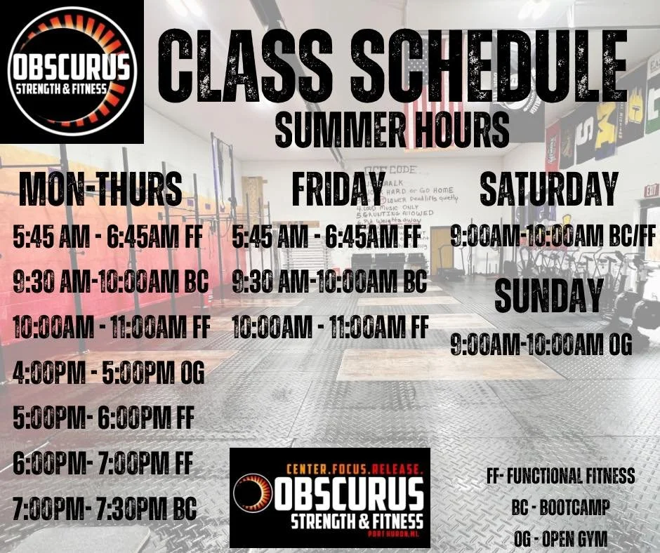☀️ SUMMER HOURS ARE HERE ☀️

As the days get longer and schedules get busier, we&rsquo;re rolling into our new summer hours! 💪🔥

Please note:
➡️ New Sunday hours are effective immediately
➡️ Friday hours will begin May 29

📍 Obscurus Strength &amp