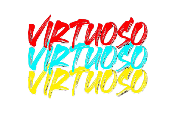 Colorful text that says 'VIRTUOSO' repeated three times in red, blue, and yellow, with a black background.