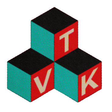 Three black and turquoise cubes with red faces displaying the letters T, V, and K