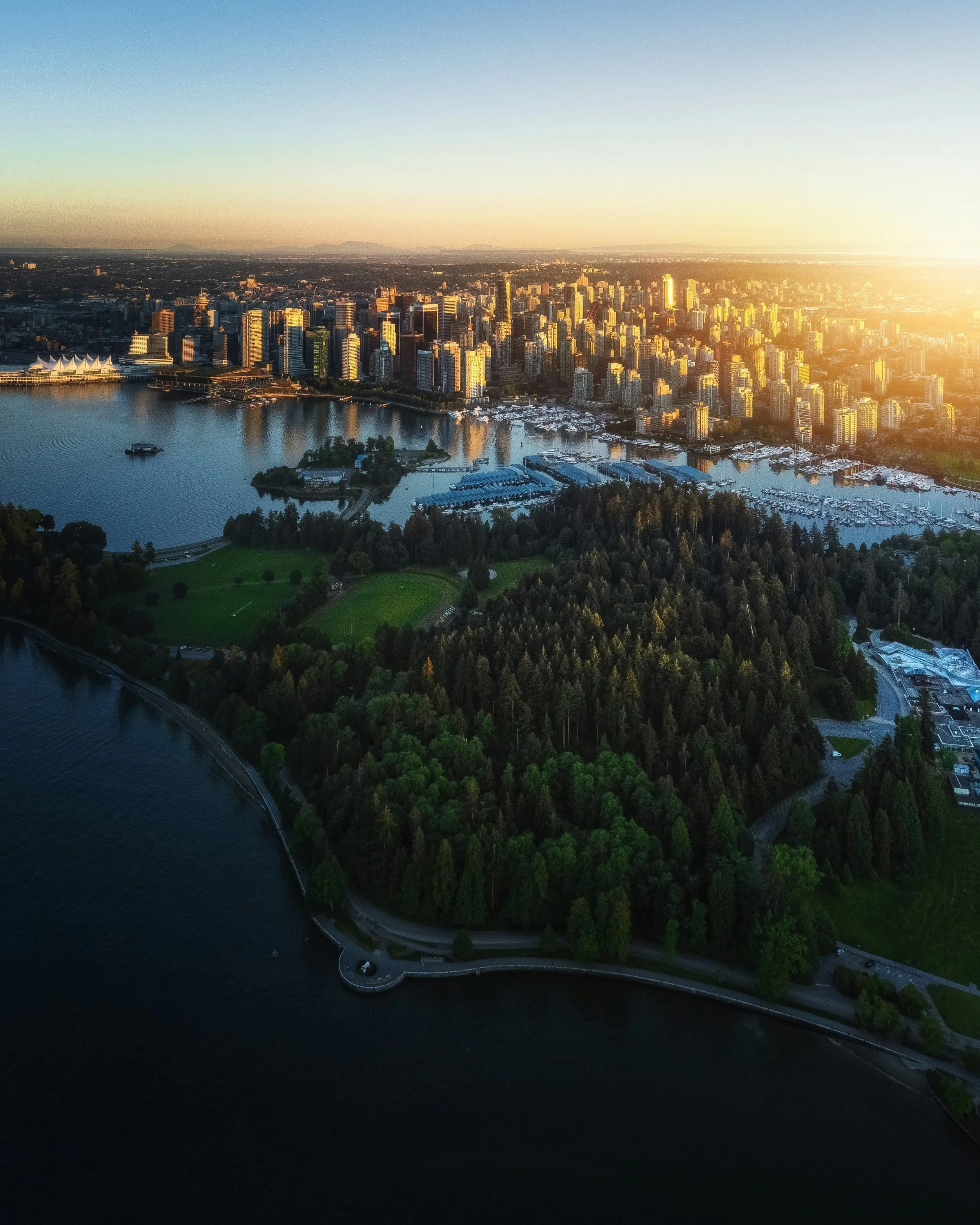 Aerial view of a city skyline with tall buildings near a body of water and a green park area at sunset or sunrise.