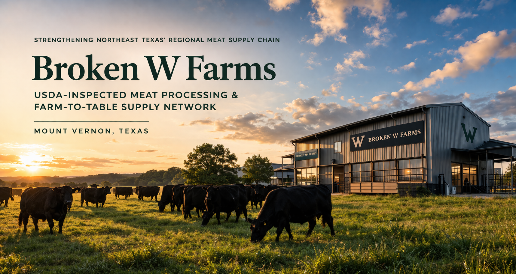 Sunset over a farm with cattle grazing in front of a large building labeled 'Broken W Farms', located in Mount Vernon, Texas.