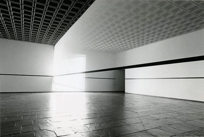Robert Irwin, Scrim veil—Black rectangle—Natural light. 
1977, installation with cloth, metal, and wood. Whitney Museum of American Art. Overall: 144 × 1368 × 49 inches.