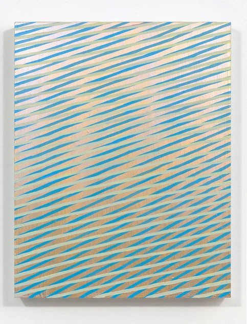 Reverb. 
2013, acrylic , interference, metallic and phosphorescent acrylic on panel. 14″ x 11″ x 2″.