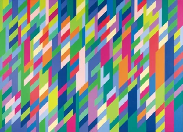 Bridget Riley, “In Attendance.” 
1994, oil on linen. 89″ x 65″.