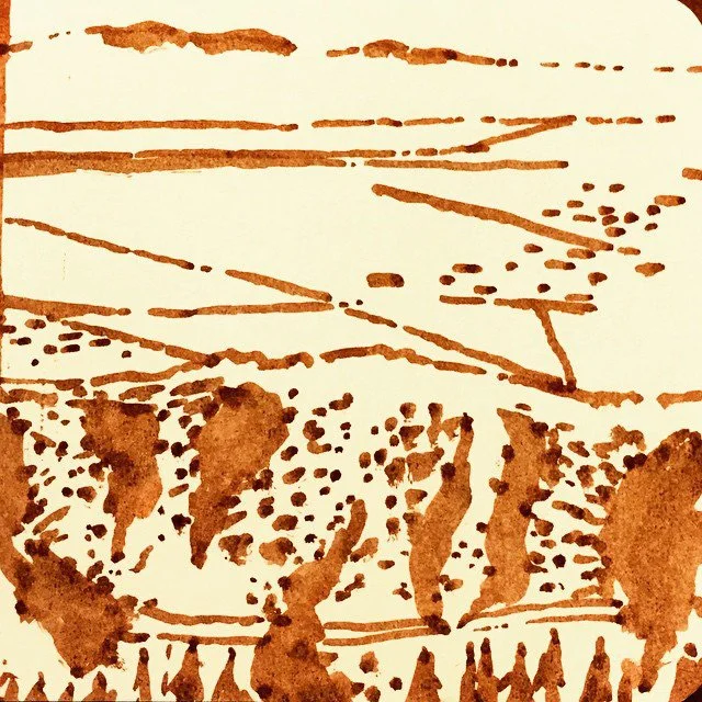 Looking out on the desert from the Acorn trail, 2015
Ink drawing, detail from sketchbook
Original: 5 x 3 inches