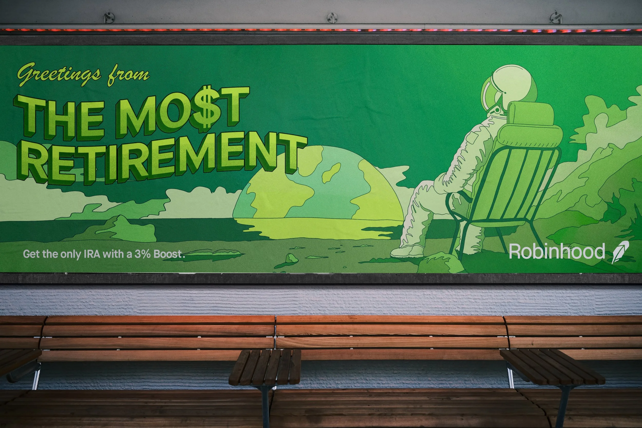 A large green advertisement banner depicting an astronaut sitting on a chair, looking at Earth. The banner reads 'Greetings from the Most Retirement' with a subtext about an IRA with a 3% boost, and it includes the Robinhood logo.