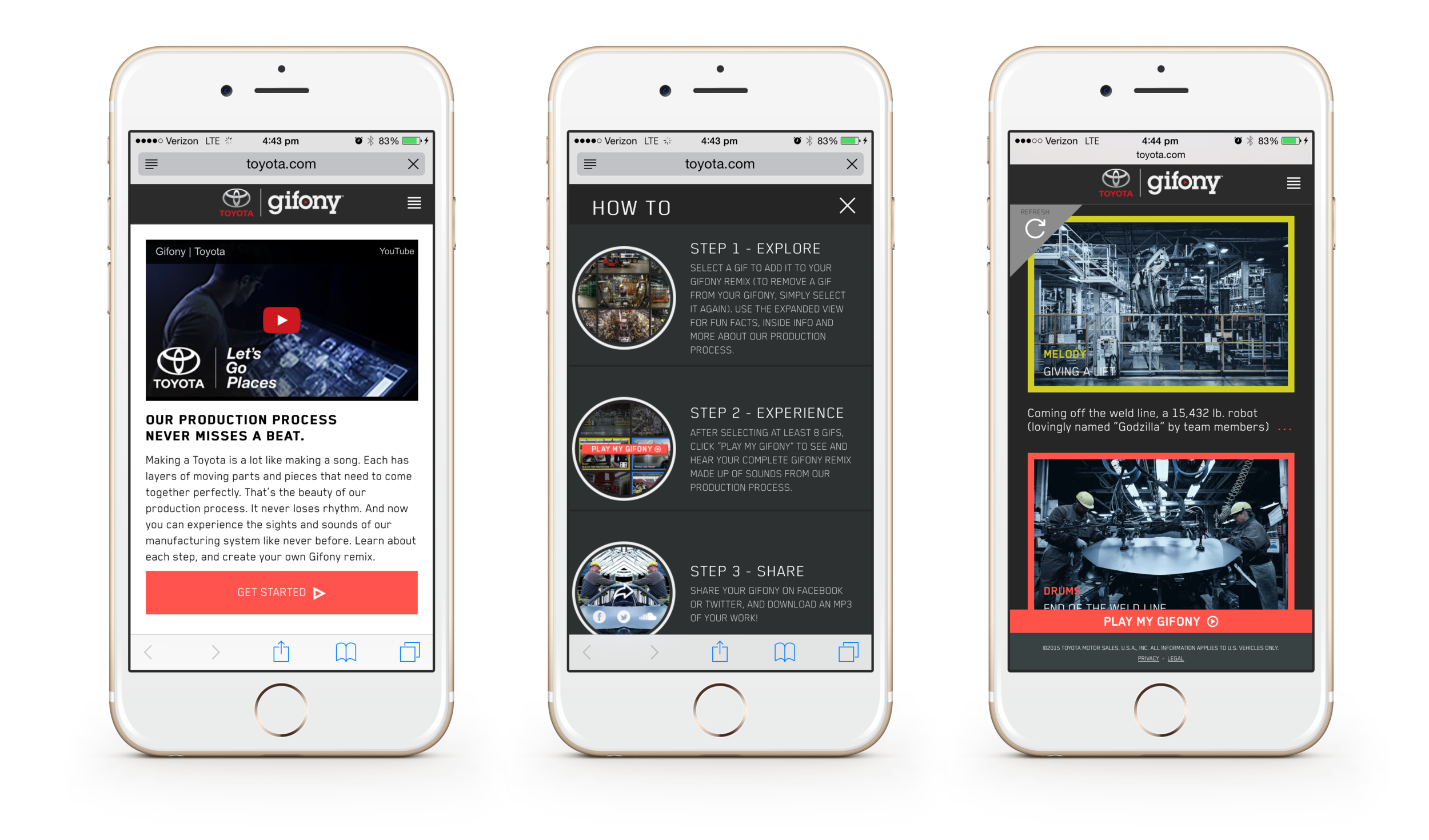 Three smartphones displaying a Toyota Gifony interactive guide on a website about the production process, with steps on exploring, experiencing, and sharing Gifony content, featuring images and videos of factory automation and robot welding.