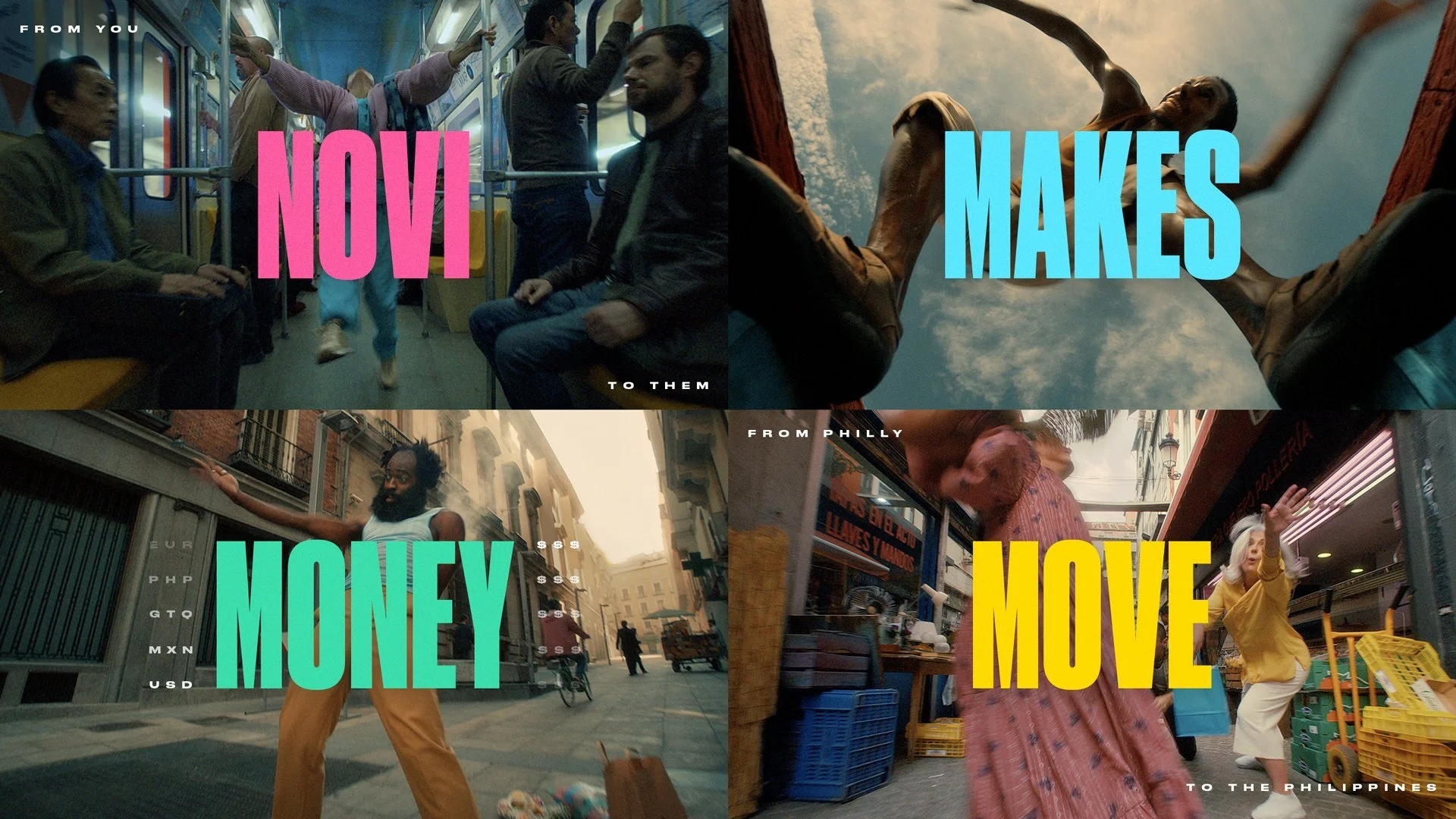 Collage of four scenes with overlay text. Top left shows people on a subway train, top right shows a person jumping outdoors, bottom left shows a man dancing on a city street, bottom right shows a woman walking on a street with market stalls. Large colorful words overlay each scene: 'NAVI', 'MAKES', 'MONEY', 'MOVE'.