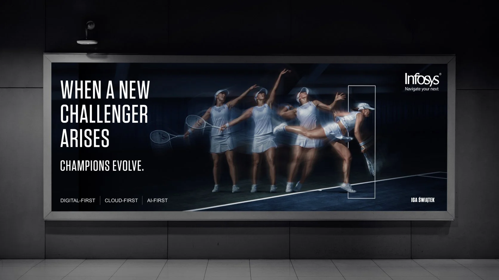 Digital billboard showcasing multiple images of female tennis players in different action poses on a tennis court, with text emphasizing adaptation and evolution in technology, including phrases like 'When a new challenger arises' and 'Champions evolve.'