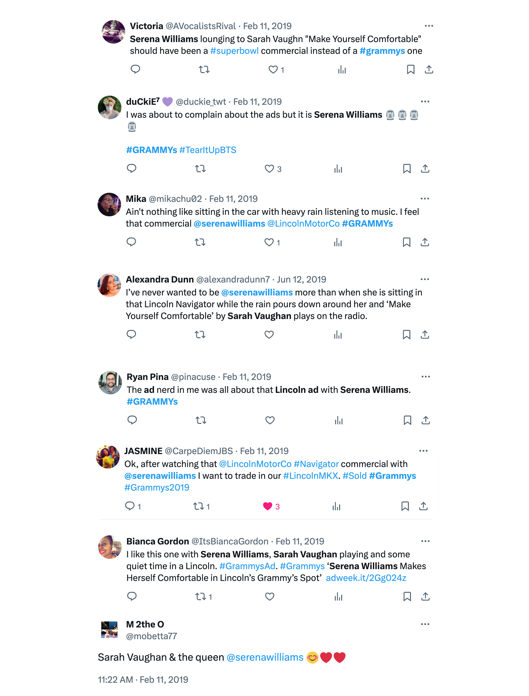 Series of tweets discussing Serena Williams, her commercials, and her appearance at the Grammys, with mentions of Sarah Vaughan, Lincoln Motor Co, and a Lincoln Navigator.