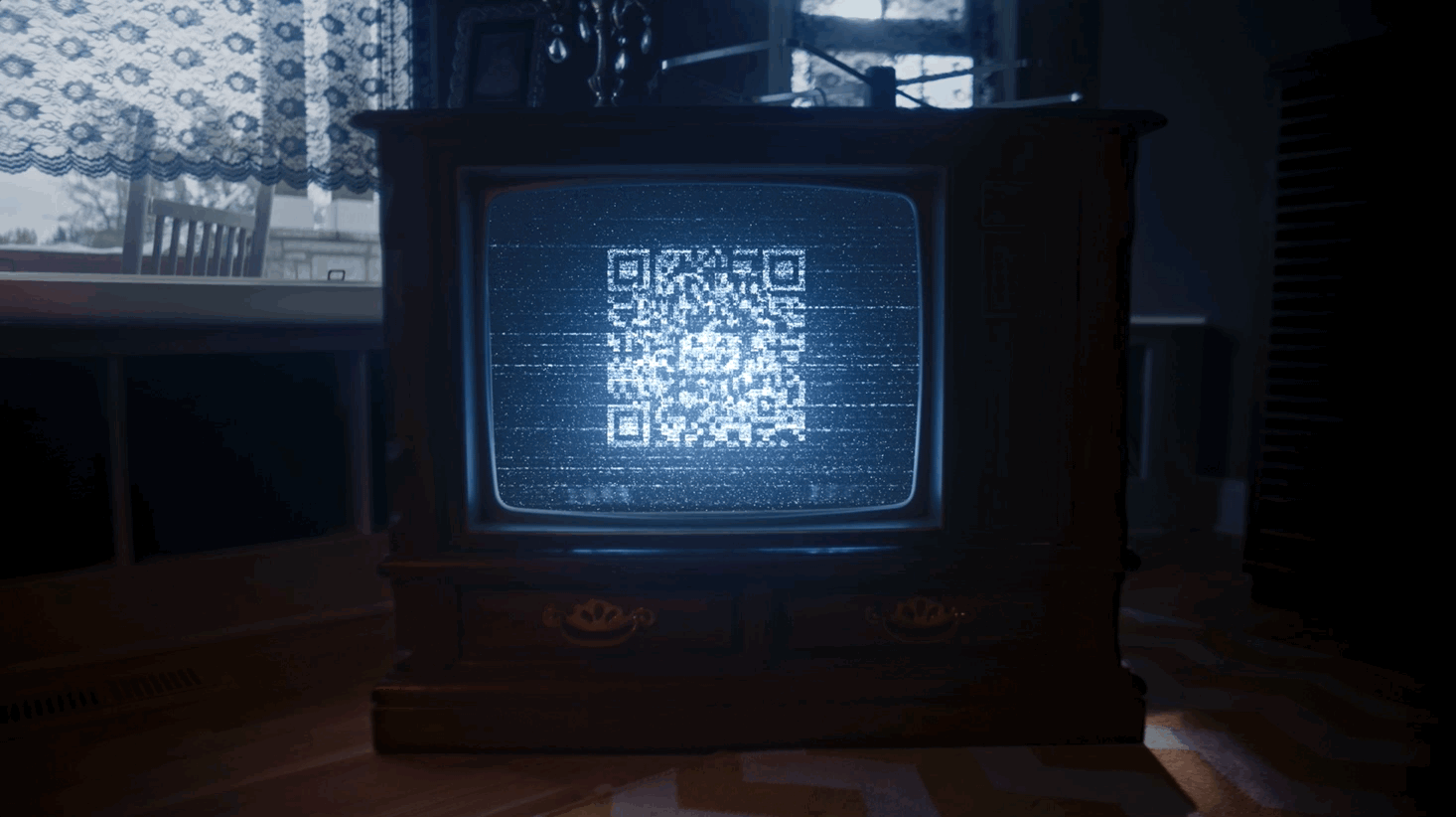 An old television displaying a QR code, in a dimly lit room with curtains and furniture.