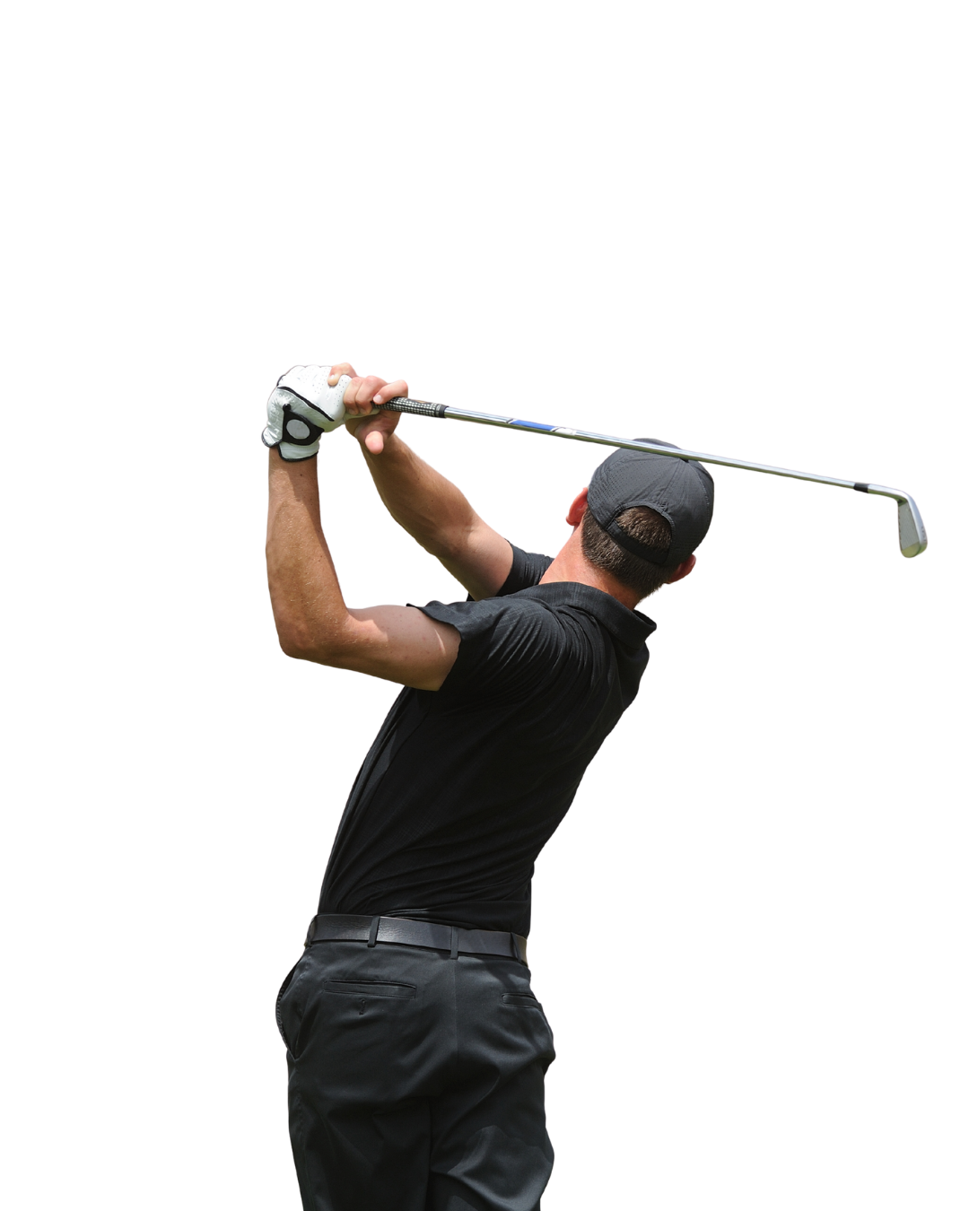 A man in black attire and a backward cap swinging a golf club.