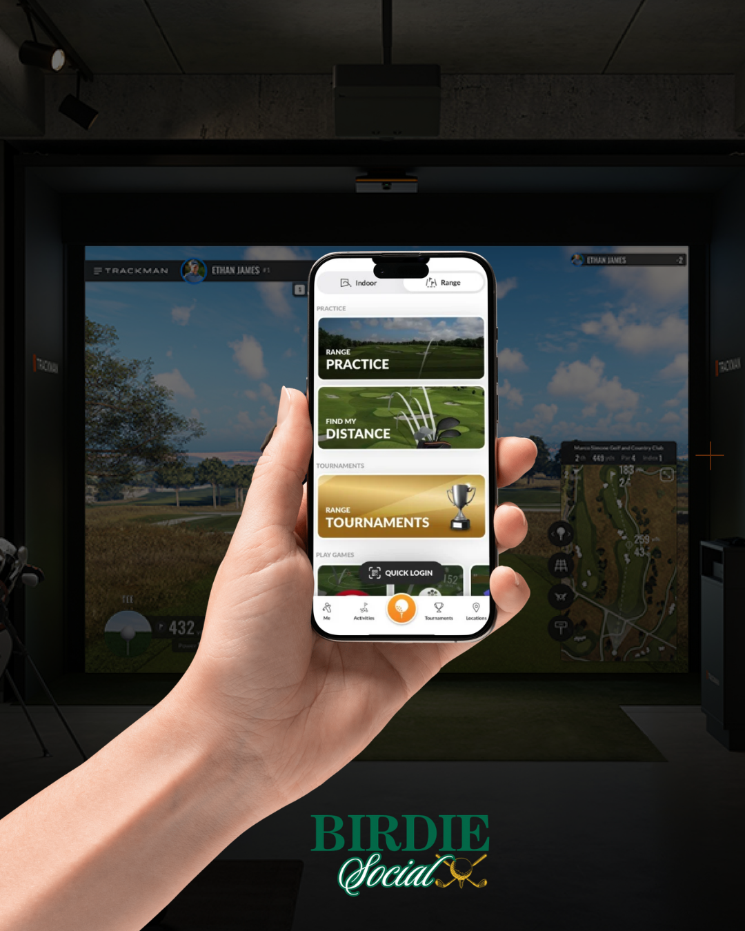 A person holding a smartphone in front of a golf simulator screen, displaying a golf app with options for practice, finding distance, and tournaments.