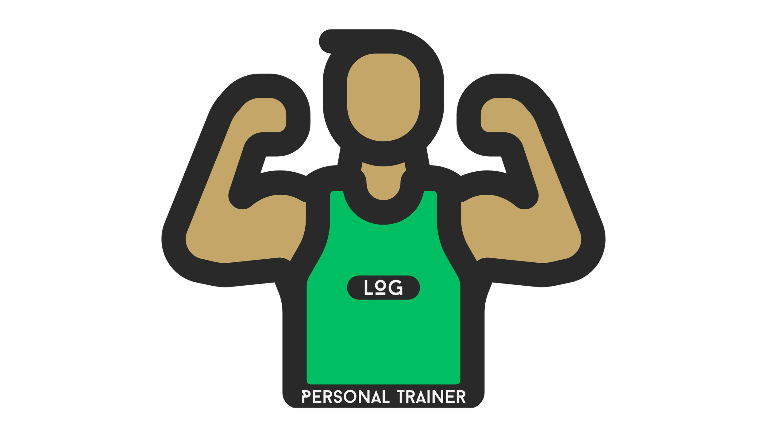 Graphic illustration of a person wearing a green tank top with the words 'LOG' and 'PERSONAL TRAINER,' flexing their arm muscles.