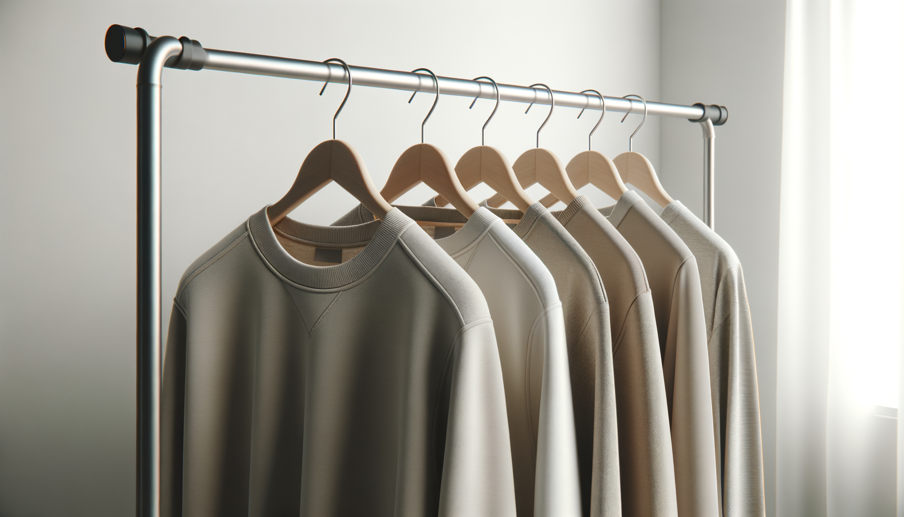 Five beige sweatshirts hanging on wooden hangers on a metal clothing rack near a window.