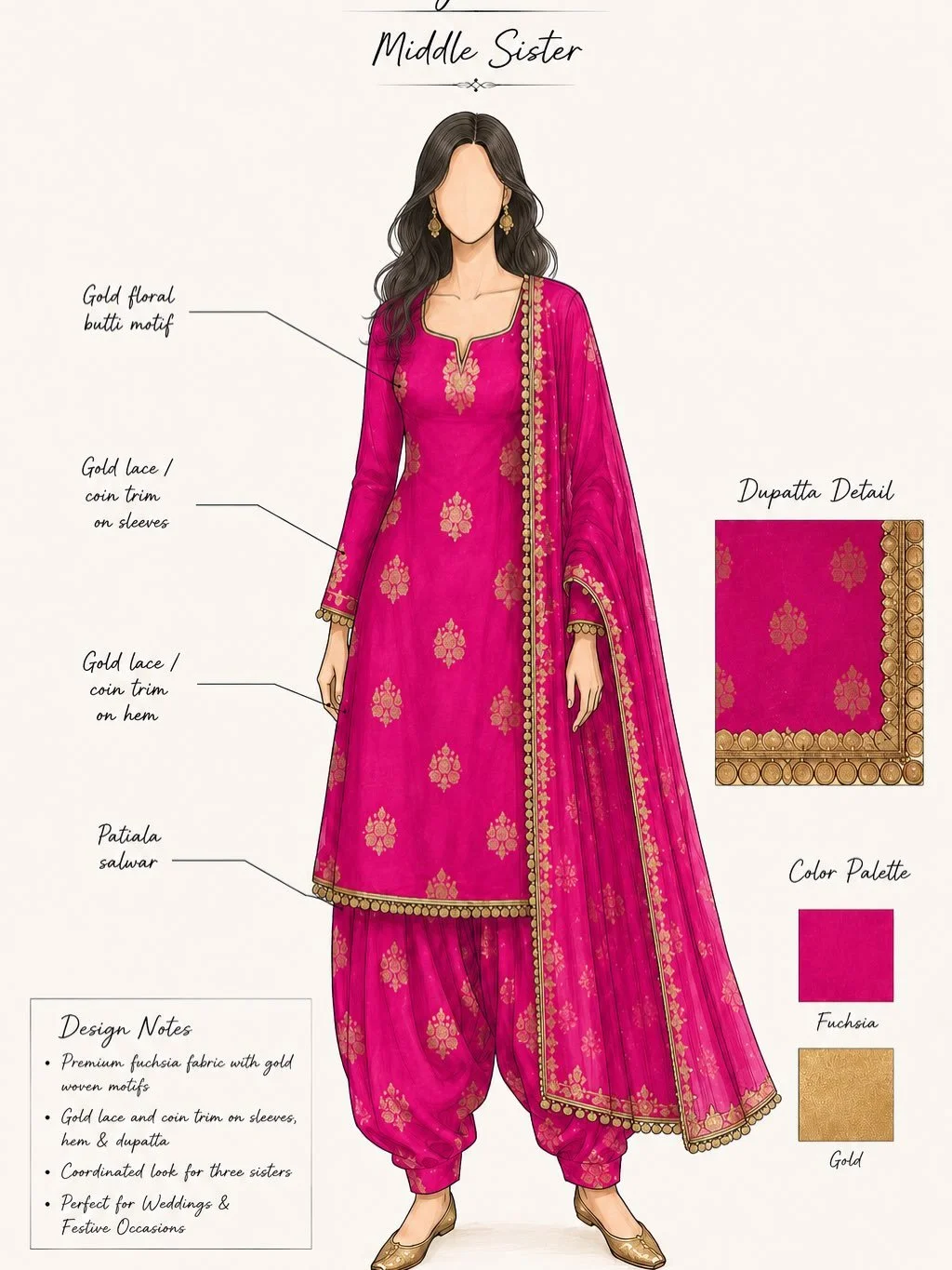 Designed in-house ✨
This vibrant fuchsia set was created from fabric available at Nanki&rsquo;s Collection &mdash; featuring rich gold woven motifs, detailed trims, and a timeless Punjabi silhouette perfect for weddings &amp; festive events.

Custom 