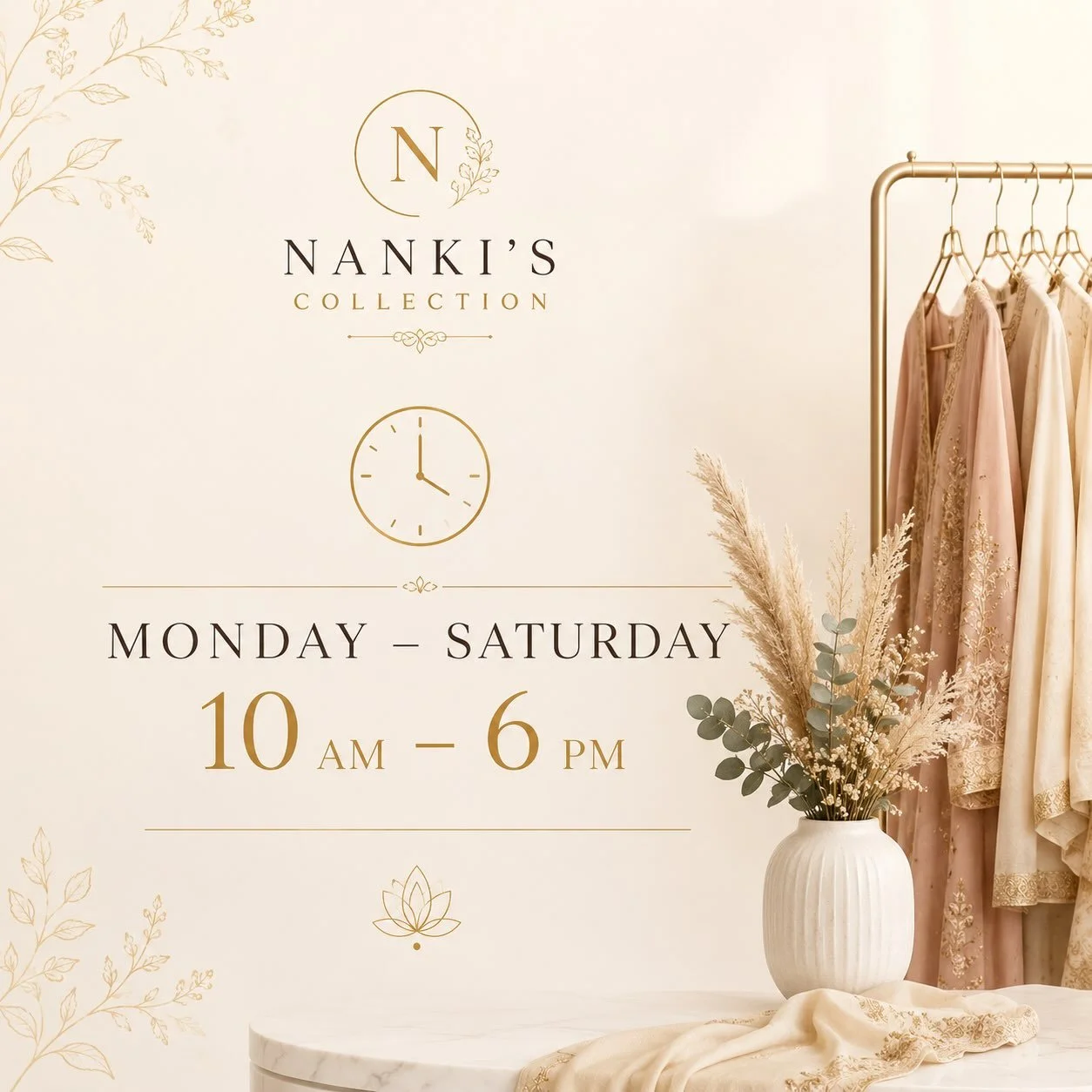 ✨ Updated Store Hours ✨

We&rsquo;re making it easier for you to shop, browse, and plan your custom designs!

🛍️ Nanki&rsquo;s Collection
📍 Downtown Manteca

Monday &ndash; Saturday
⏰ 10:00 AM &ndash; 6:00 PM

Custom Design &bull; Tailoring &bull; 