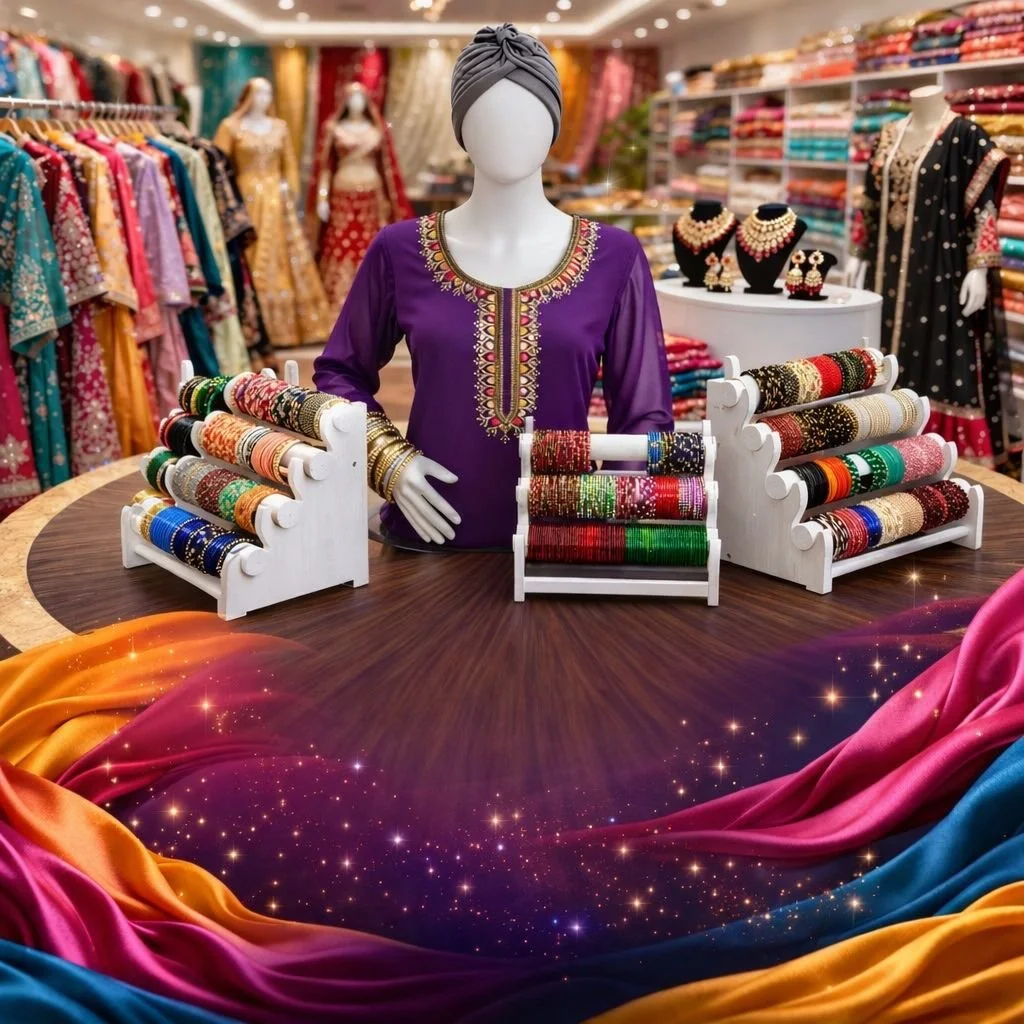 Display of colorful bangles, jewelry, and dresses in a clothing store with mannequins and shelves of fabric in the background.