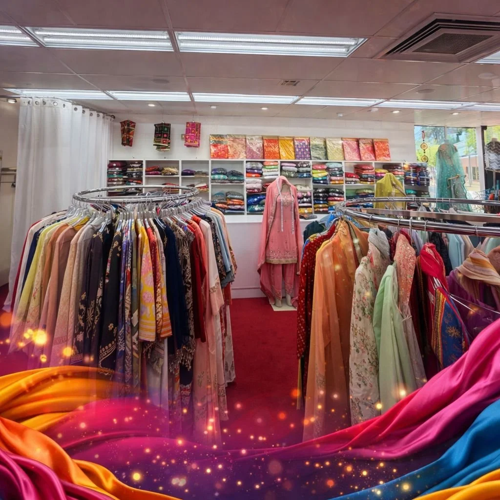A store contains racks of colorful and traditional garments, with shelves of folded fabrics and scarves in the background.