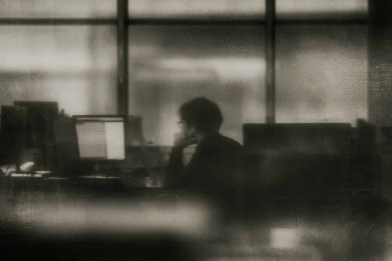 A softly blurred side view of a person seated at a computer in a dim room.