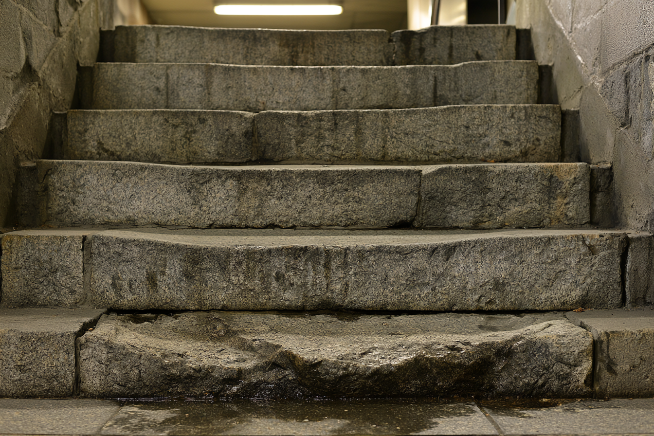 A stone staircase seen from below, with an irregular hollow in the lowest central tread, uneven edges higher up, and dark reflective patches on the floor.