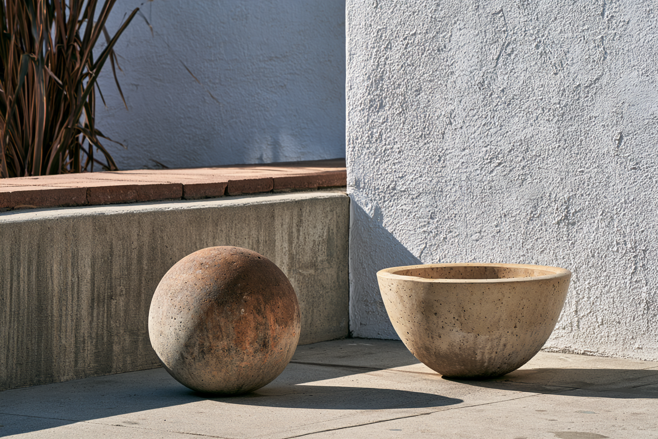 A rounded brown object and a pale bowl standing apart on paving in sunlight.