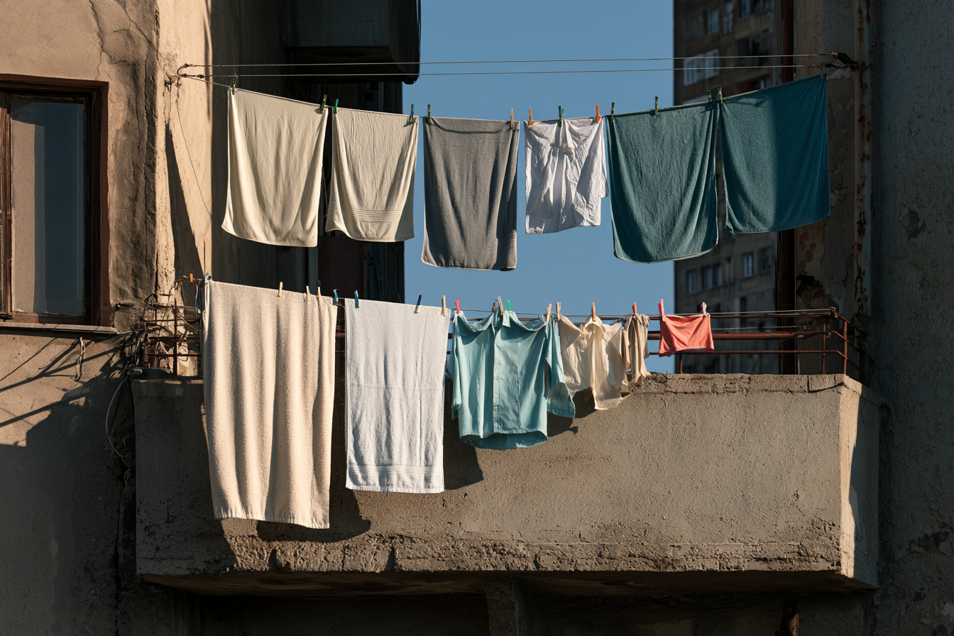 Cream, grey and teal towels and shirts hang from two clotheslines across a weathered concrete balcony, with buildings and blue sky behind.