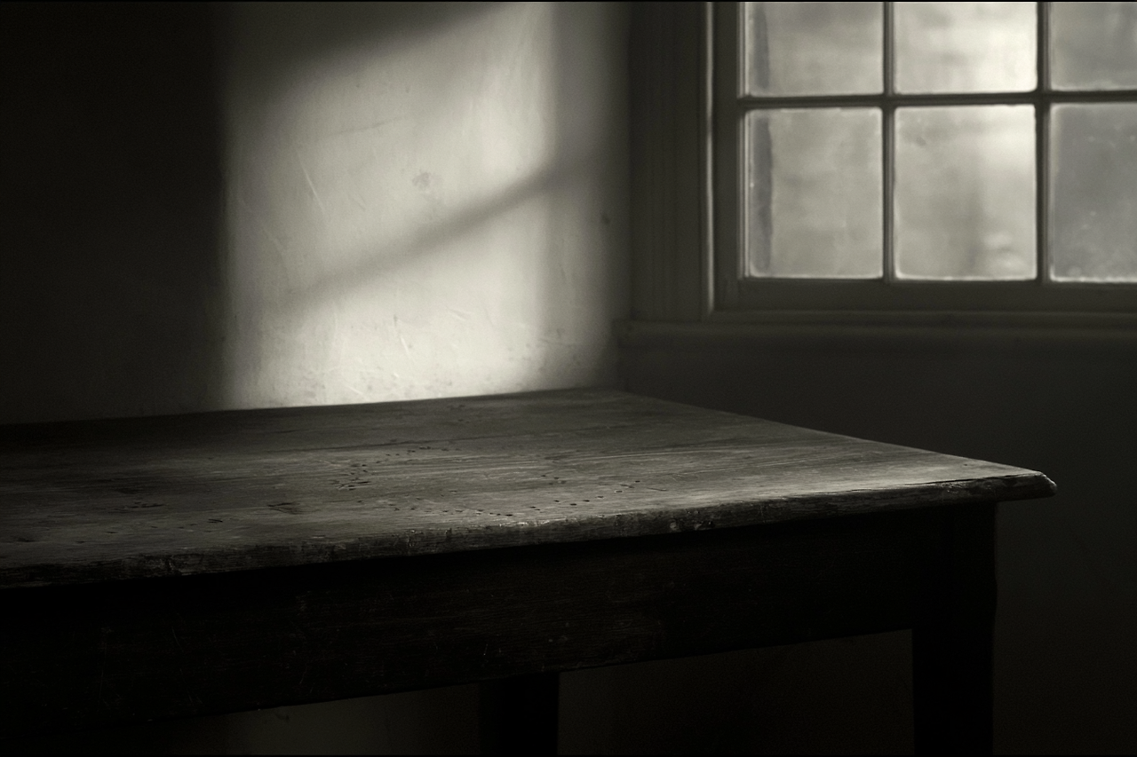An empty wooden table beside a window, with light and shadows falling across the wall.