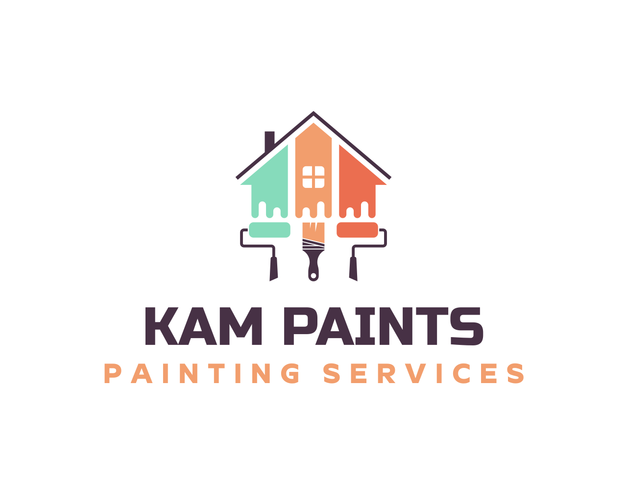 Logo for Kam Paints Painting Services featuring a house shape with paintbrushes as the roof and paint cans at the bottom, in mint, peach, and coral colors, with company name and service description.