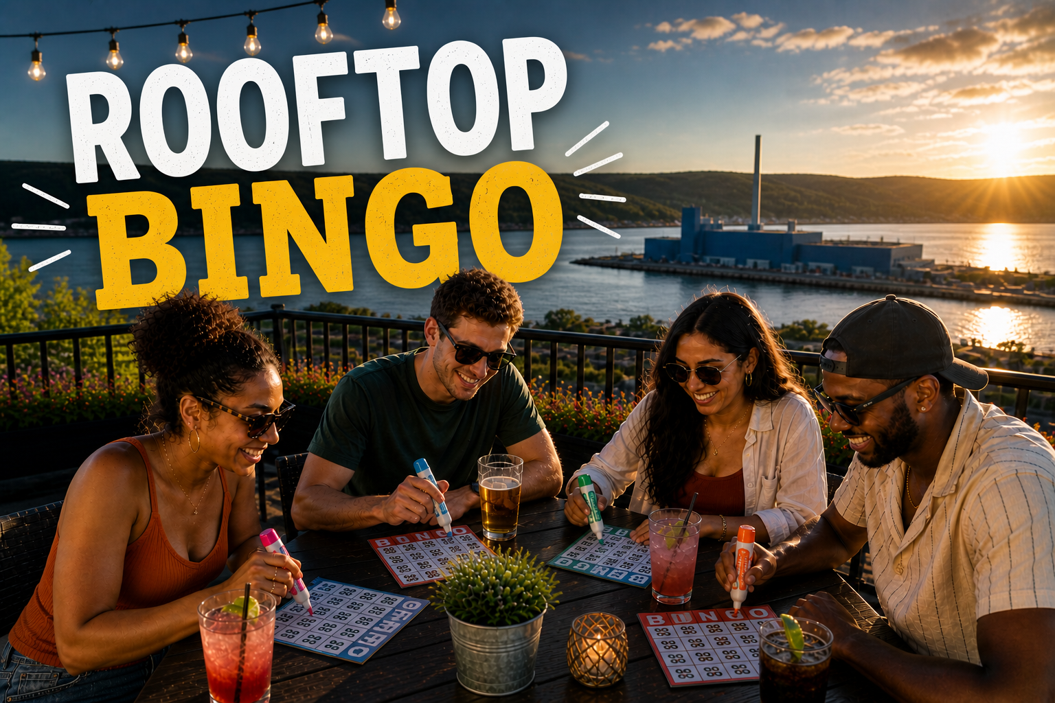 Four friends playing Bingo on a rooftop deck overlooking a body of water during sunset, with string lights overhead and drinks on the table.