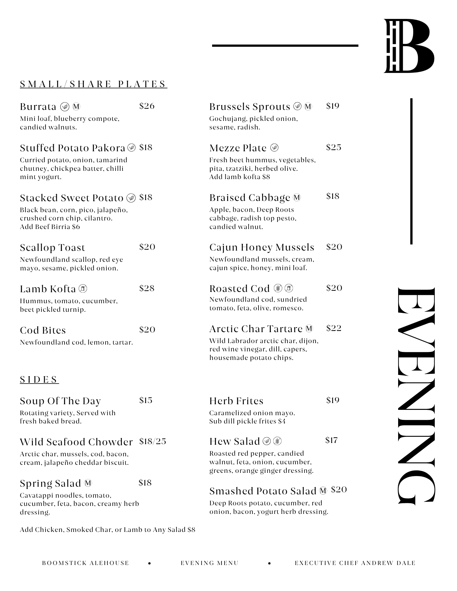 A restaurant menu with a black and white design, listing various small/share plates, sides, and evening menu items, with some items marked with symbols and prices.