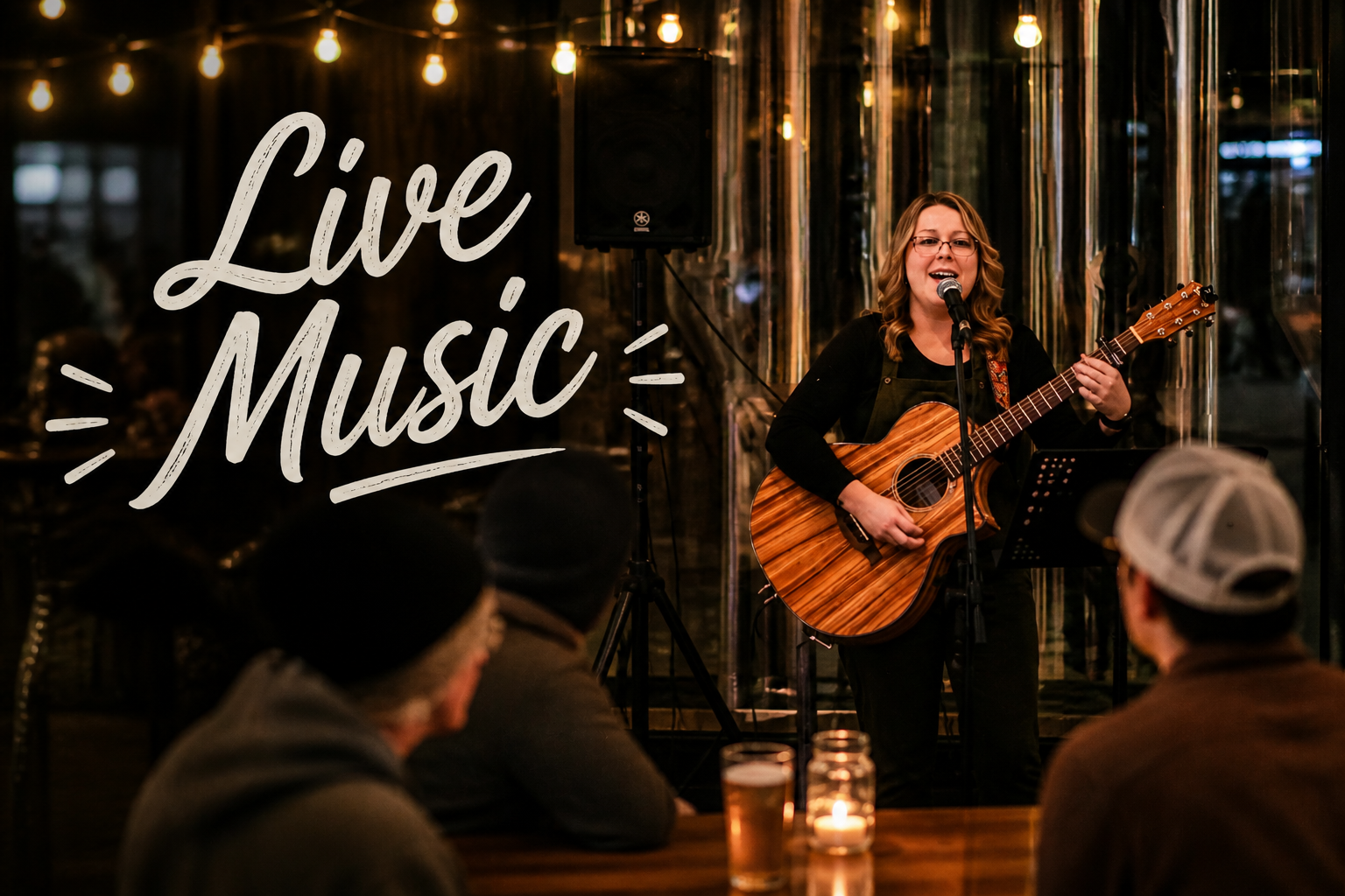 A woman is performing live music with an acoustic guitar on stage at a venue, with an audience seated in front. There is a chalkboard sign with the words 'Live Music' and string lights overhead, creating a cozy atmosphere.