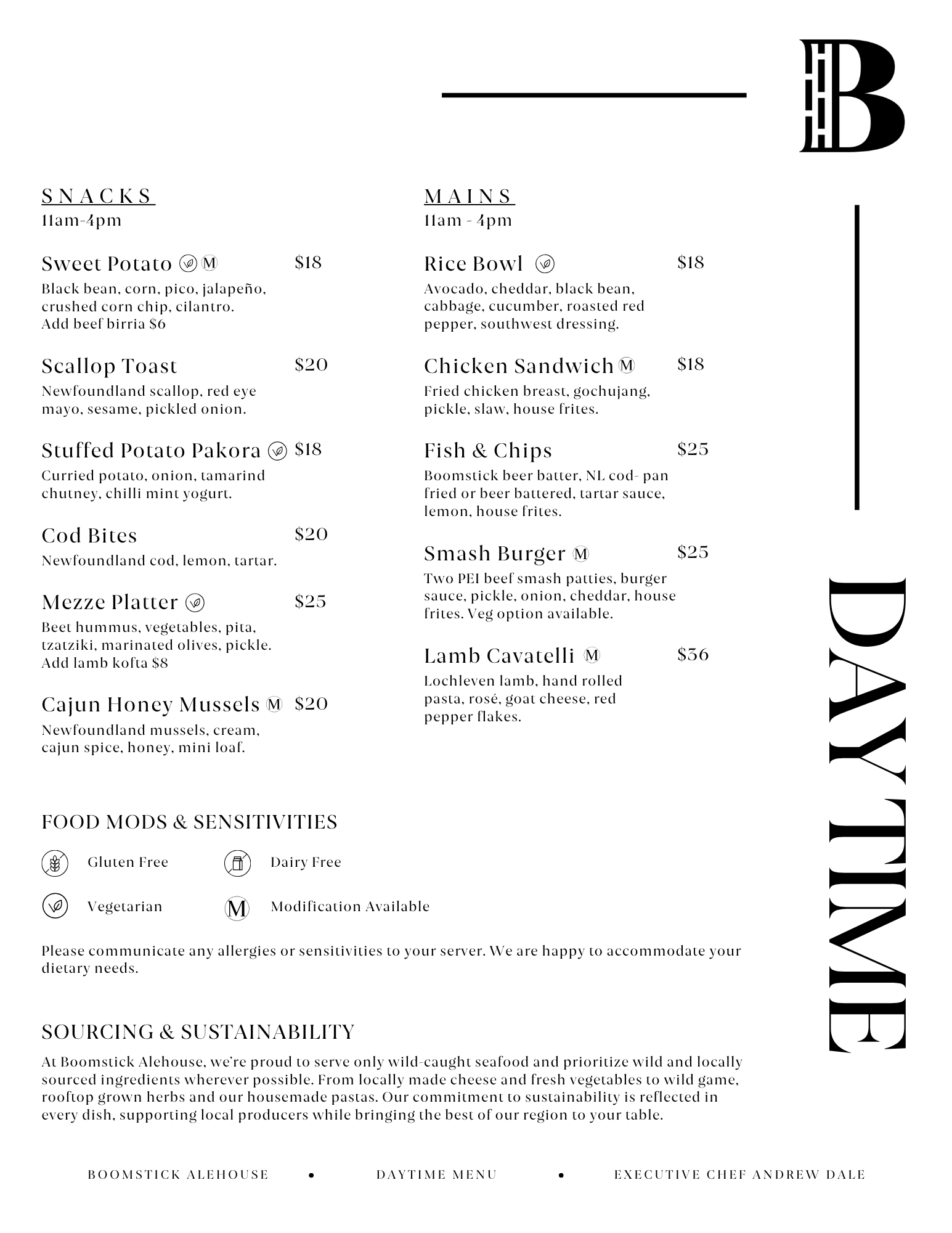 This is a restaurant menu for Boomstick Alehouse, listing lunch items available from 11 am to 4 pm. The menu includes snacks and main courses such as sweet potato, rice bowl, scallop toast, chicken sandwich, stuffed potato pakora, fish & chips, cod bites, smash burger, and lamb cavatelli, with prices ranging from $18 to $36. It also features dietary icons indicating options like gluten-free, vegetarian, dairy-free, and modifications available.