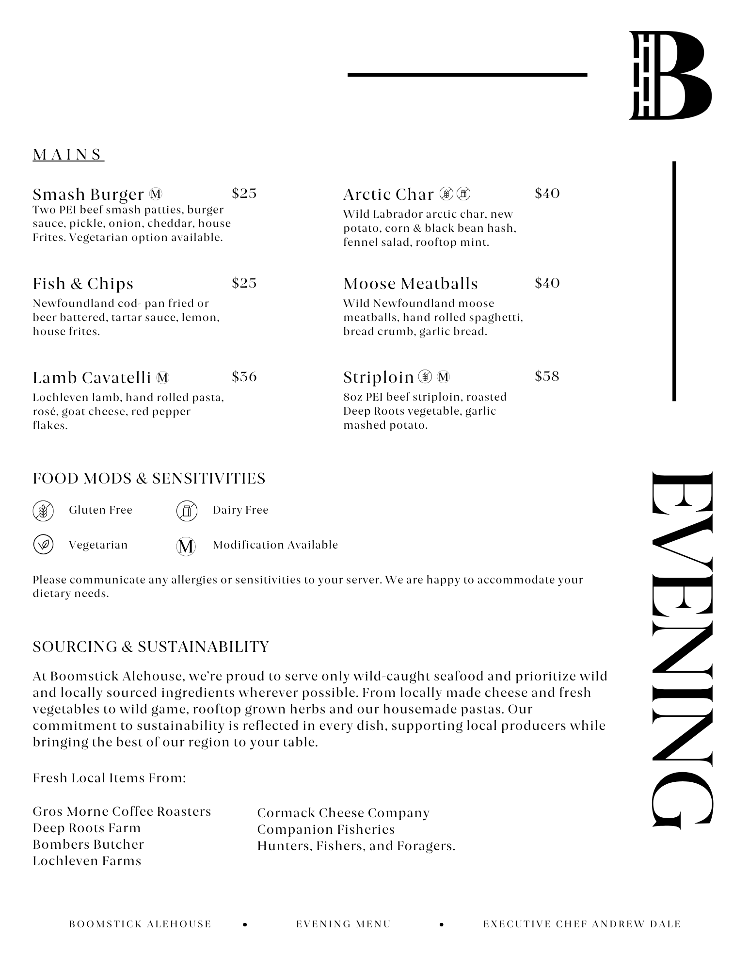 Restaurant menu page with the letter 'B' on the top right side and the word 'EVENING' vertically along the right edge, listing main dishes and sourcing details.