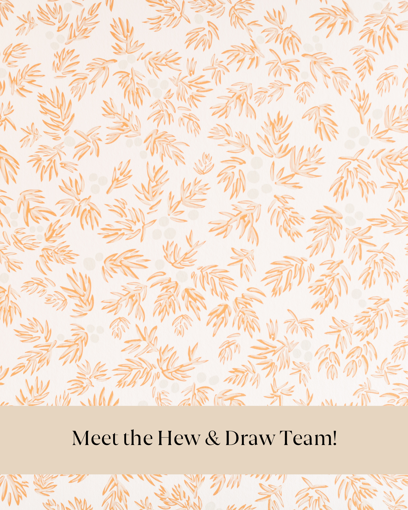A promotional graphic with a patterned background of orange leaves and gray dots, featuring text that says "Meet the Hew & Draw Team!" in black font on a beige banner.