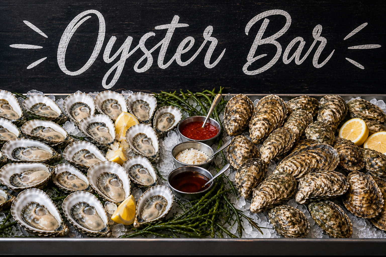 A seafood display at a bar, with oysters on the left, sea snails on the right, lemon wedges, and various sauces in small bowls, all on ice with a blackboard sign reading "Oyster Bar" in the background.