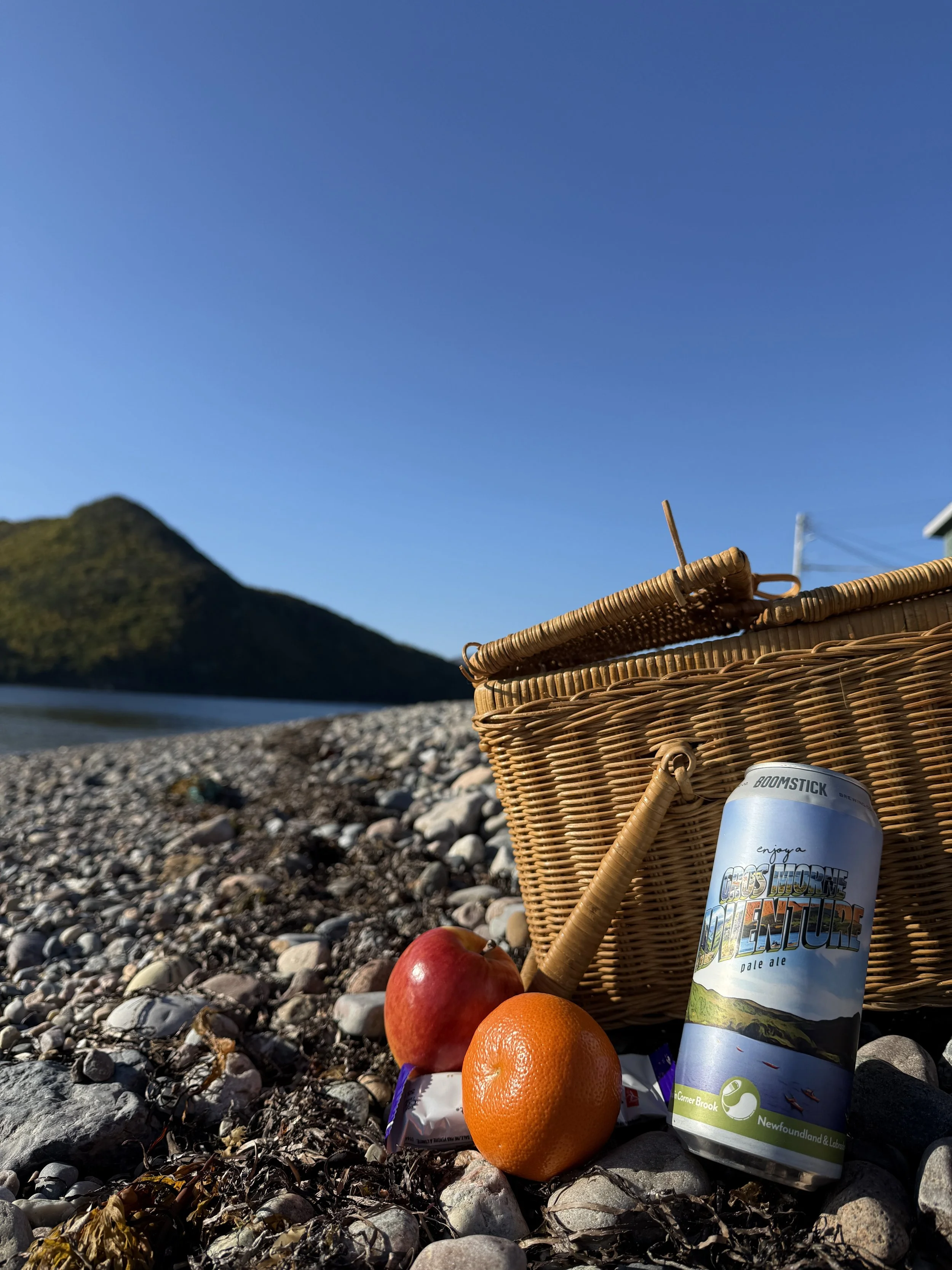 A wicker basket, a can of pale ale, an apple, an orange, a peach, and some packaging are on a rocky pebbled beach with a mountain and clear blue sky in the background.