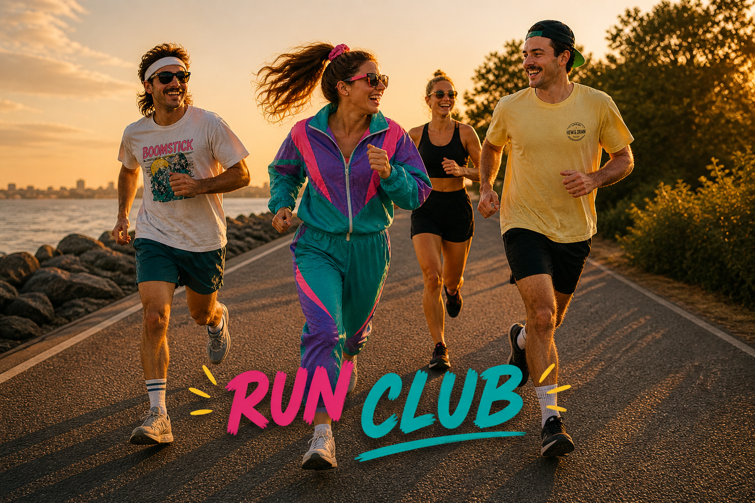 Group of four people running outdoors during sunset, near a body of water, with trees in the background, with the text 'RUN CLUB' in colorful font.