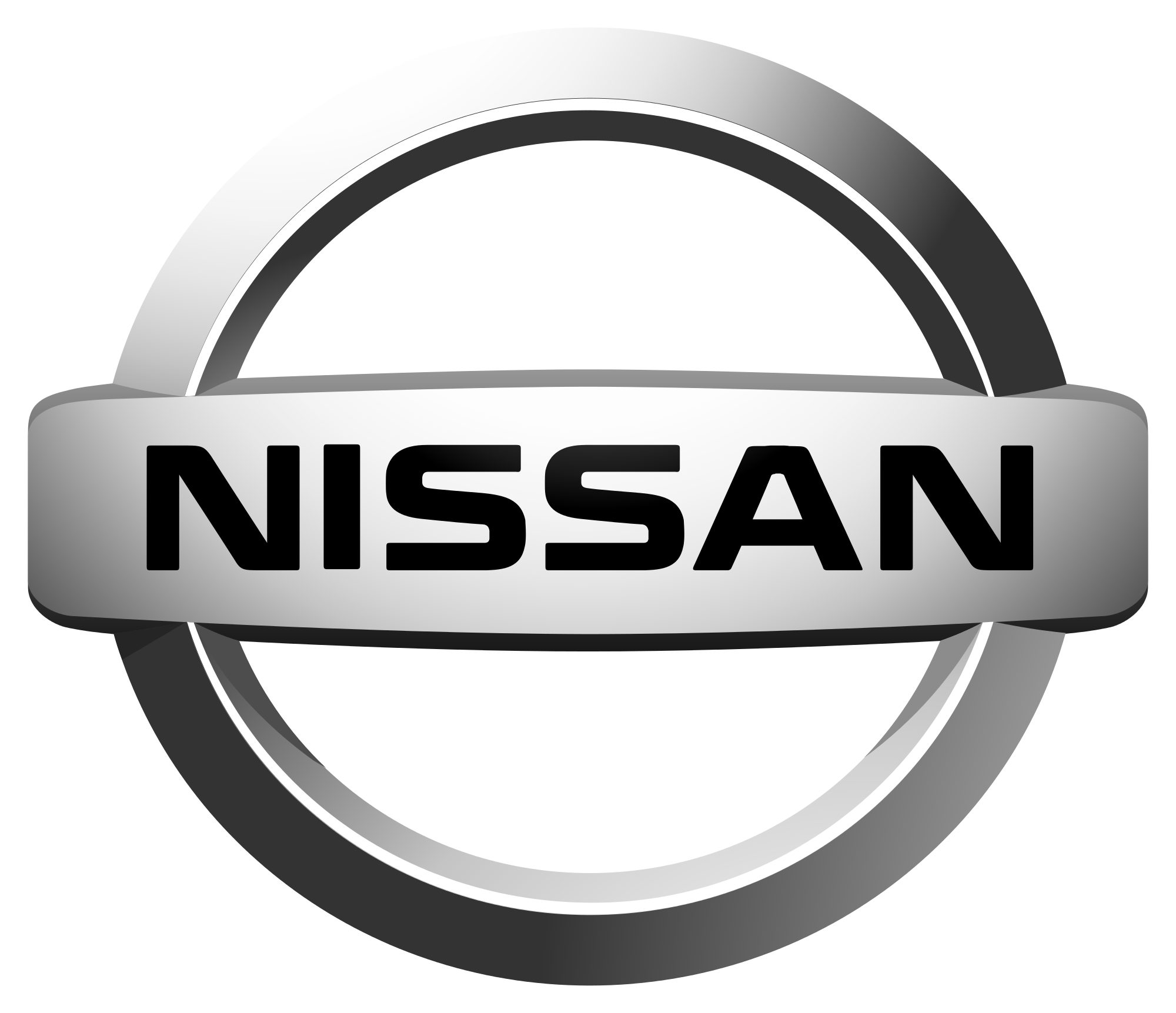 Close-up of the Nissan logo on a vehicle, showing the Nissan name in bold black letters within a circular emblem.