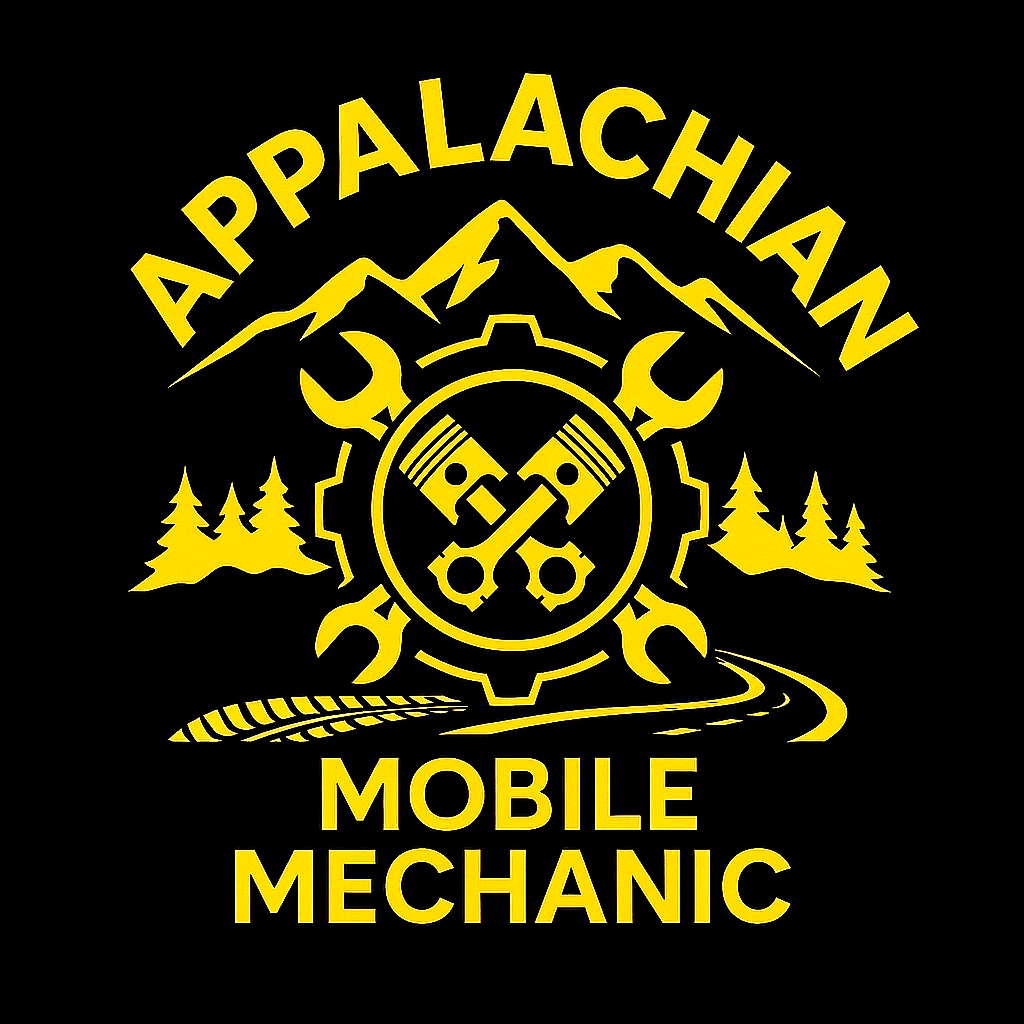 Black background with yellow graphic and text for Appalachian Mobile Mechanic, featuring mountain peaks, pine trees, crossed pistons, and wrenches.