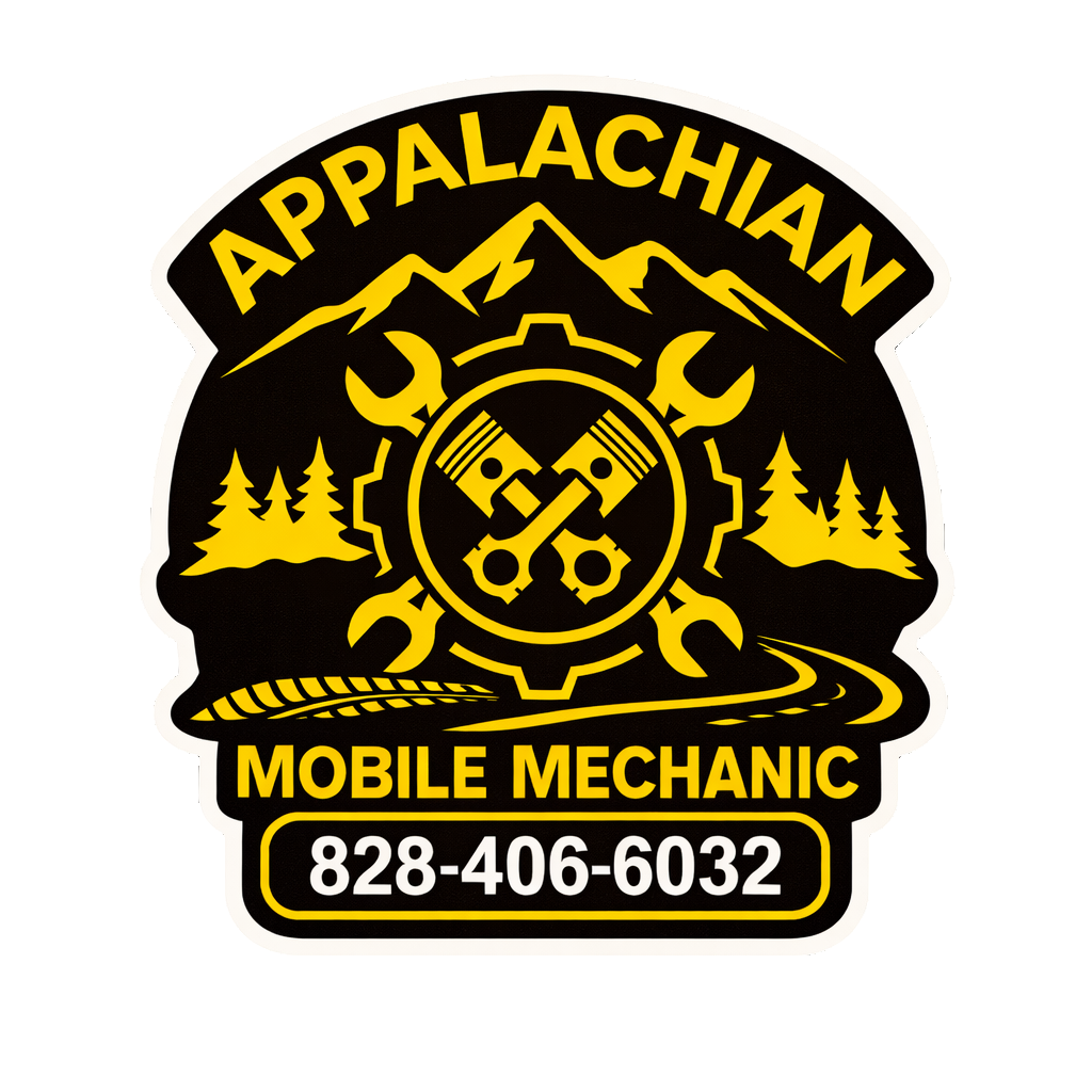 Appalachian Mobile Mechanic logo with a mountain range, trees, a road, and tools, including wrenches and pistons, in yellow and black colors, with a phone number 828-406-6032.