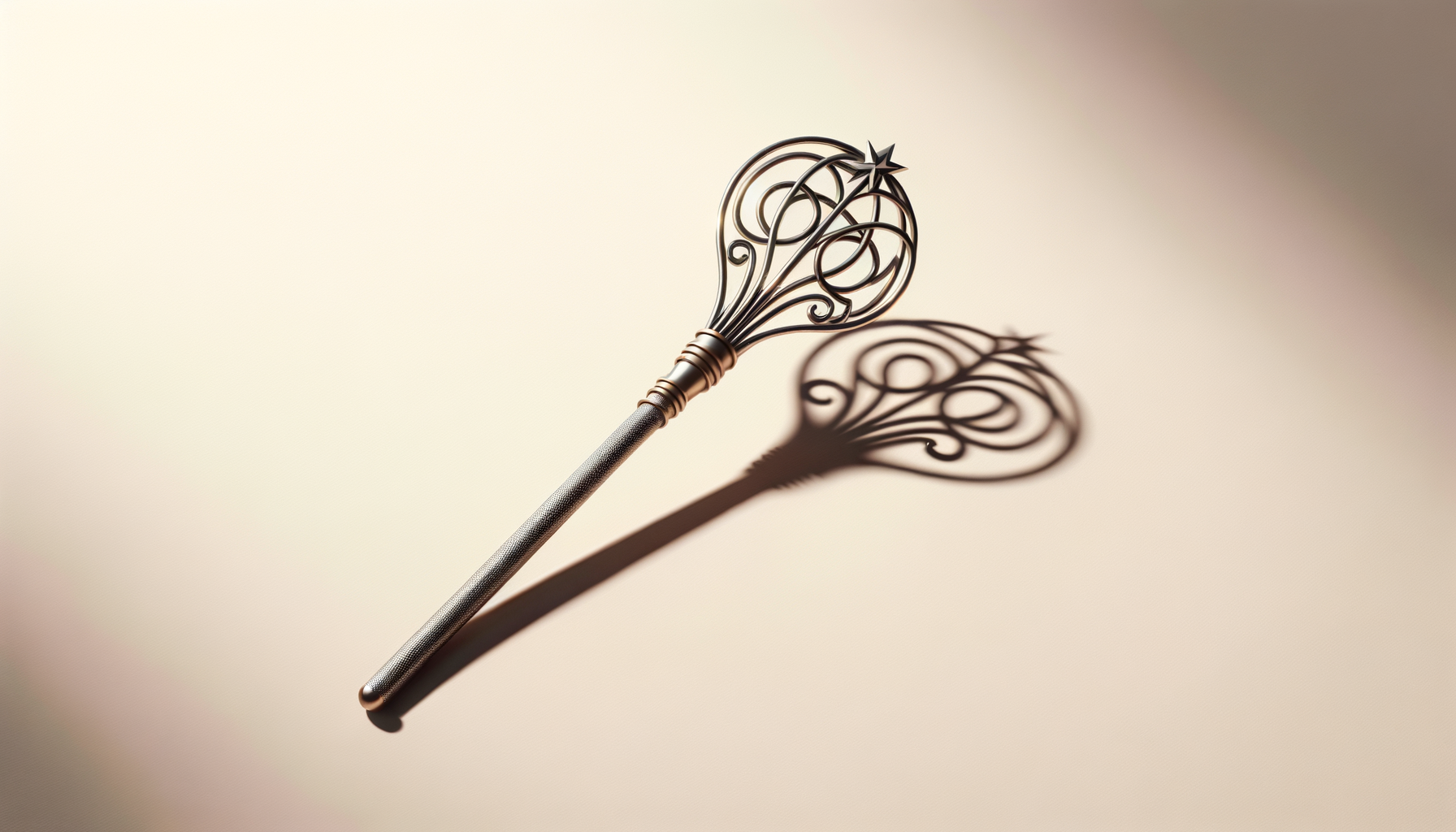 A decorative metal wand with a star at the top, casting an intricate shadow on a plain, light-colored surface.
