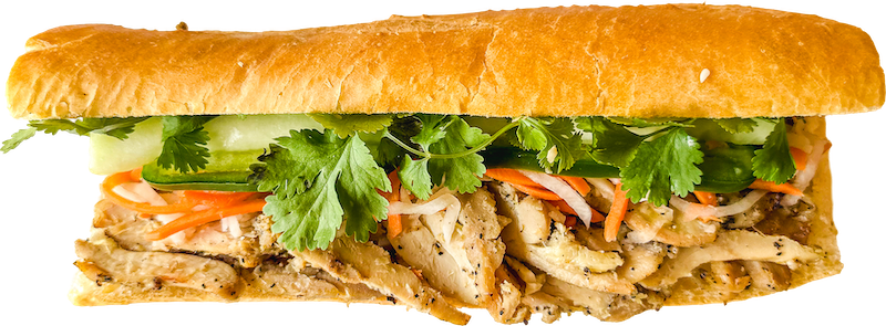 Close-up of Lemongrass Chicken Banh Mi Boy sandwich.