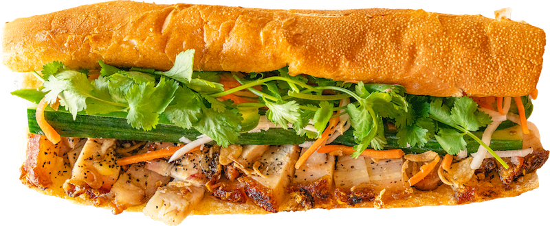 Close-up of Roast Pork Belly Banh Mi Boy sandwich.