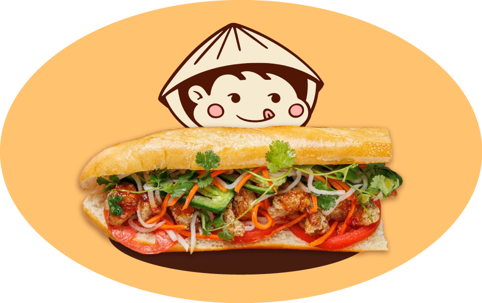 Close-up of a banh mi sandwich with vegetables and meat with the banh mi boy character.